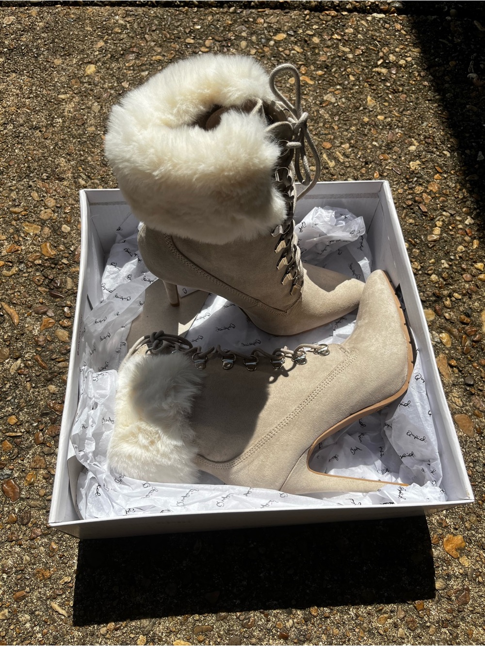 Women's Taupe Faux-Fur Lace-Up Heeled Boots